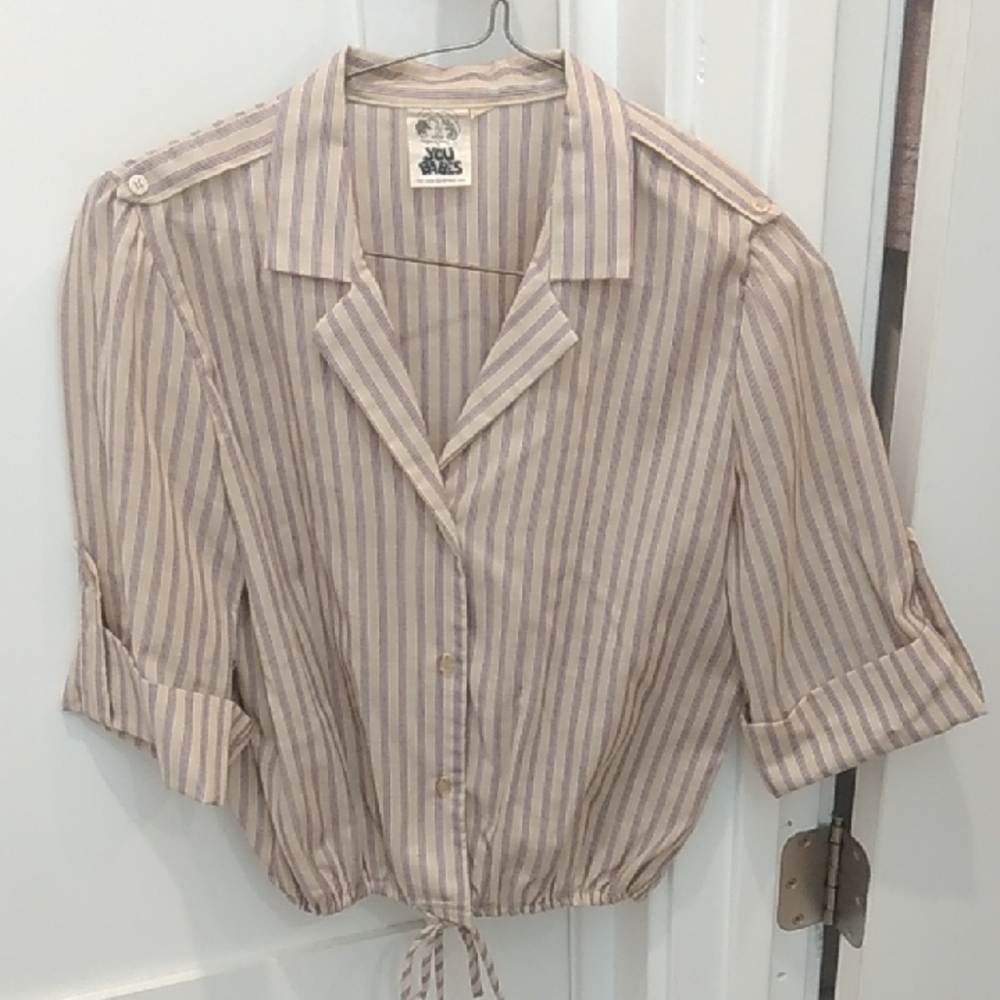 You Babes Beige Striped Button-Down Shirt Vintage Lagenlook